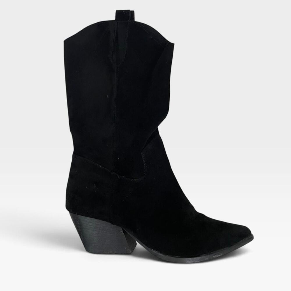 Black Faux Suede Pointed Toe Mid-Calf Heeled Boots